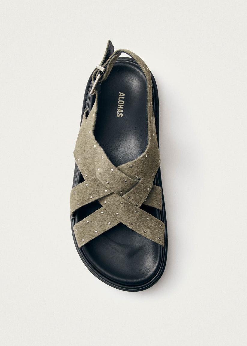 Alohas Trunca Sandalias de Cuero Ante Color Caqui con Tachuelas Descuento por venta flash