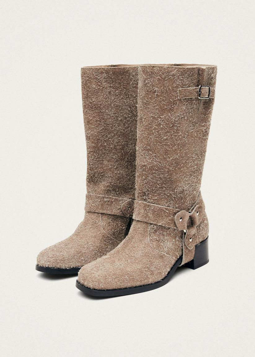 Alohas Rocky Suede Fuzzy Beige Leather Boots Última moda