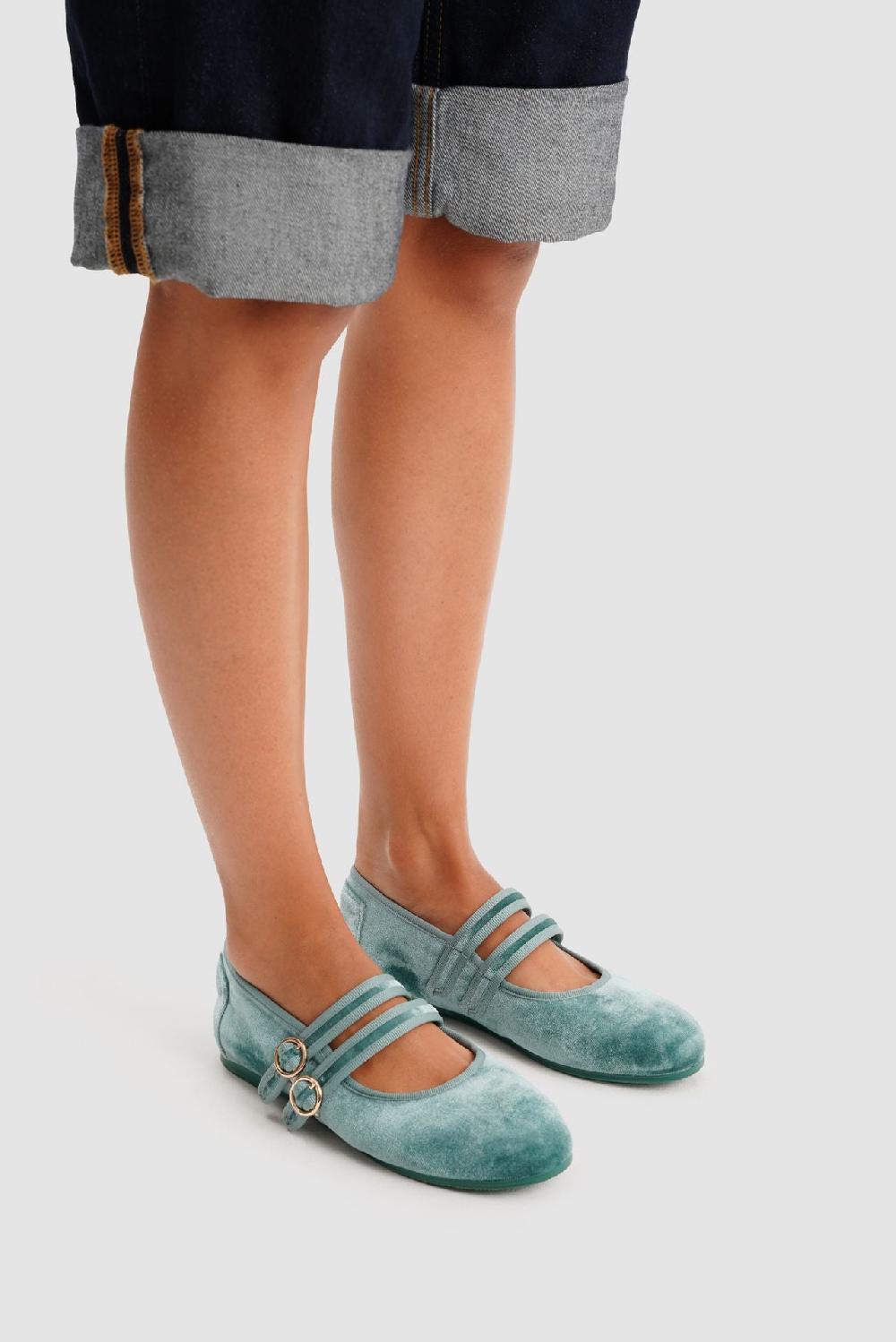 paez MARY JANE DOUBLE STRAP VELVET BERYL GREEN Grandes descuentos