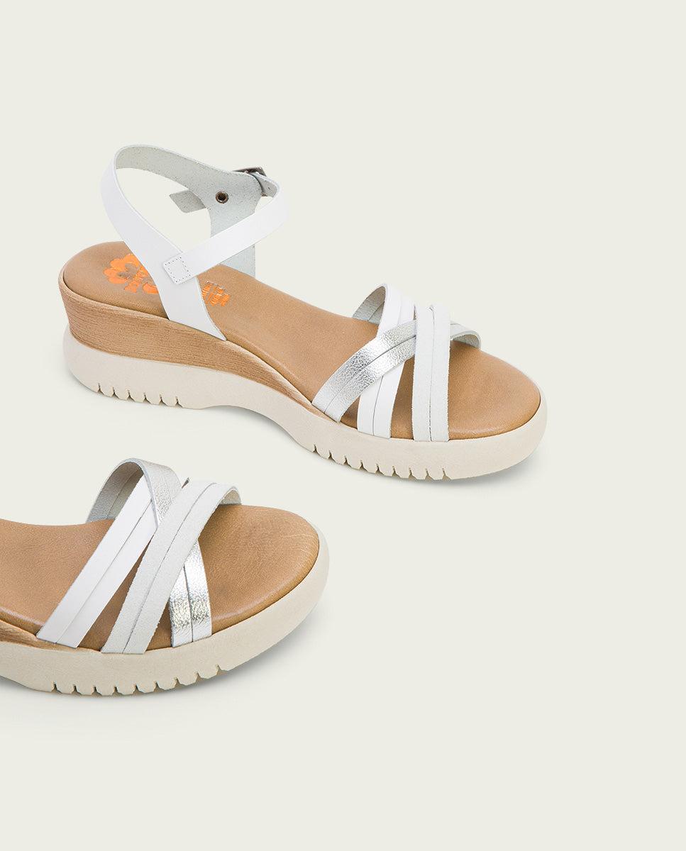 porronet SANDALIA CUÑA PIEL BLANCO PLATA ELA Gran oferta