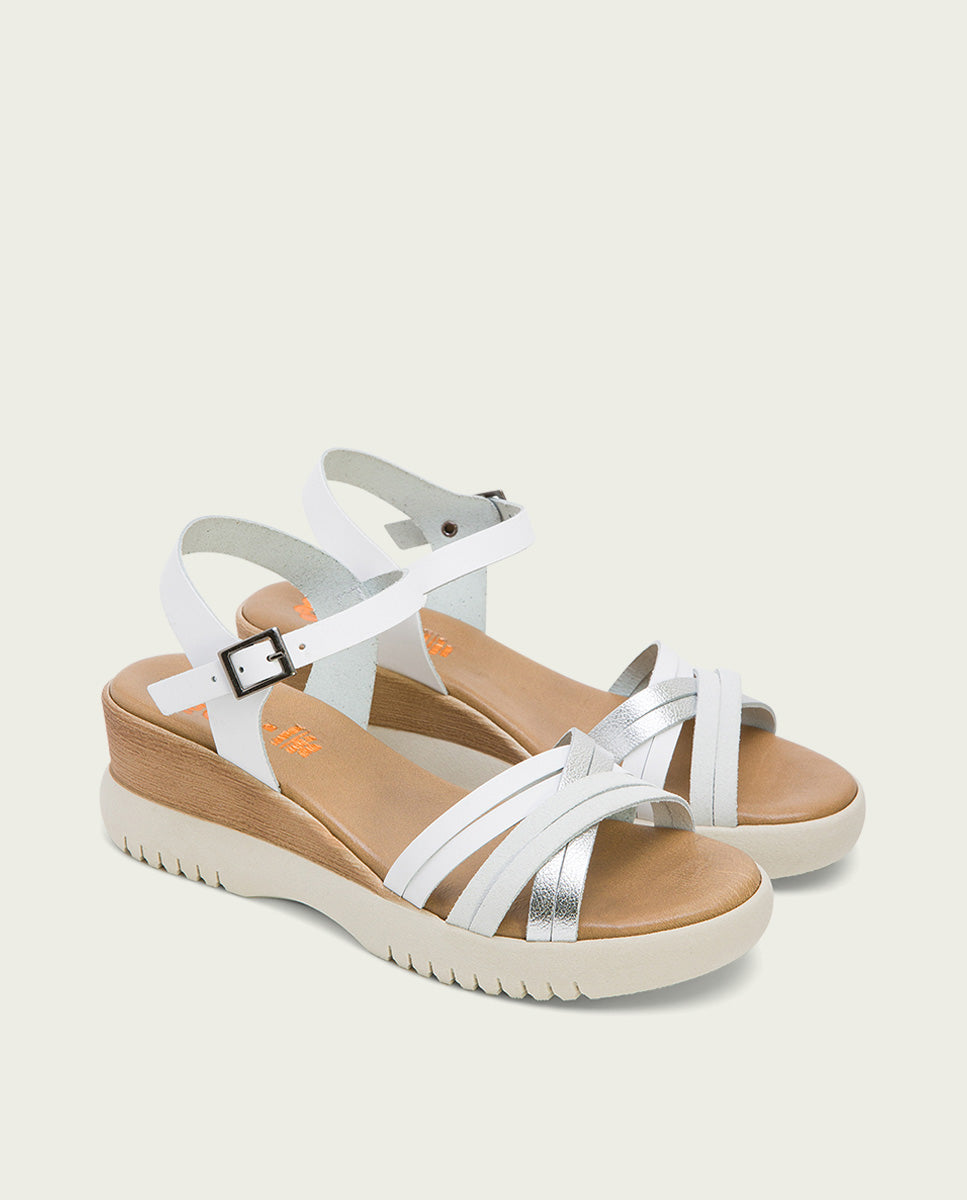 porronet SANDALIA CUÑA PIEL BLANCO PLATA ELA Gran oferta