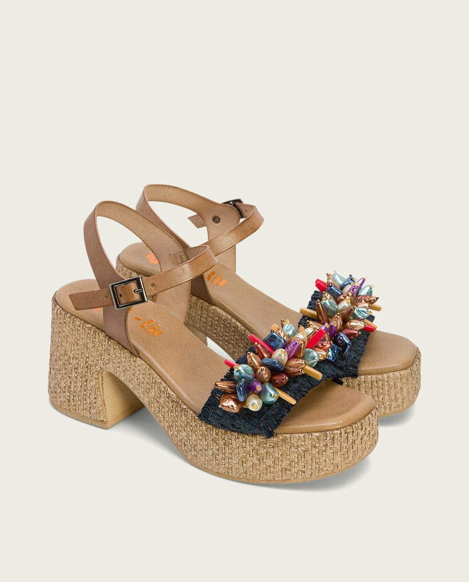 porronet SANDALIA TACON PIEL Y TEXTIL NATURAL AZUL JILLIAN Última moda