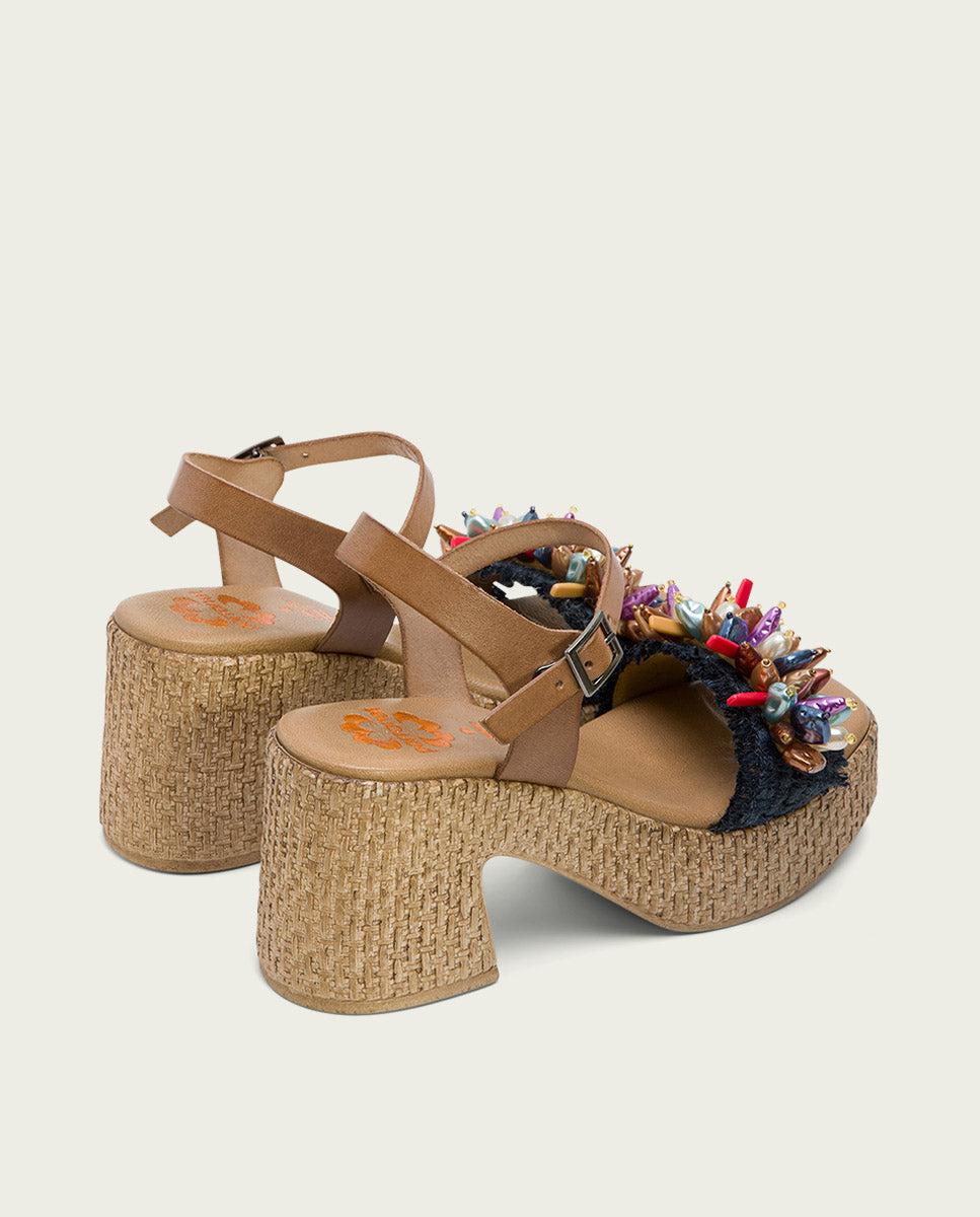 porronet SANDALIA TACON PIEL Y TEXTIL NATURAL AZUL JILLIAN Última moda