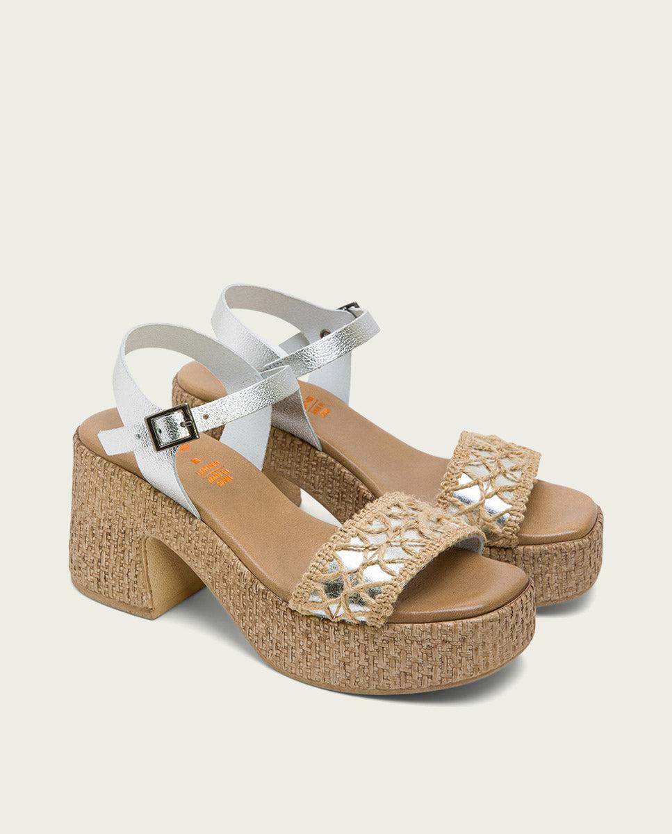 porronet SANDALIA TACON PIEL Y TEXTIL PLATA JERI Precio ultrabajo