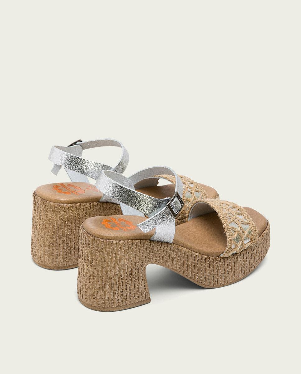 porronet SANDALIA TACON PIEL Y TEXTIL PLATA JERI Precio ultrabajo