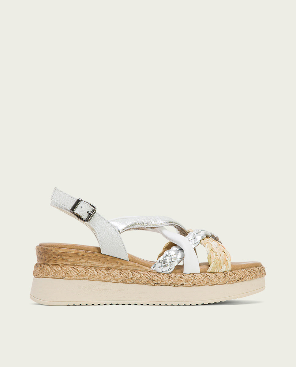 porronet SANDALIA PIEL CUÑA BLANCO PLATA FLAVIA Outlet