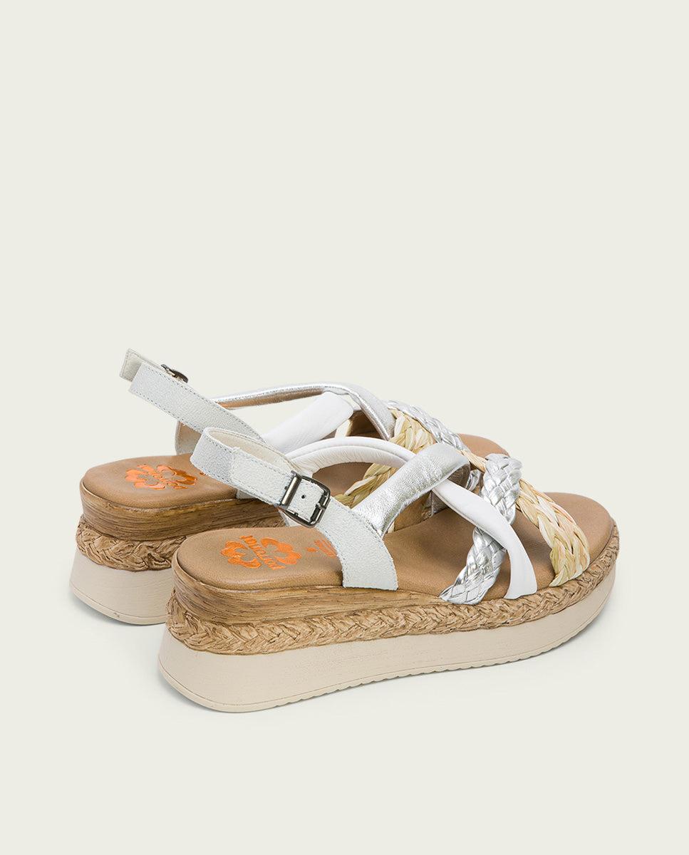 porronet SANDALIA PIEL CUÑA BLANCO PLATA FLAVIA Outlet