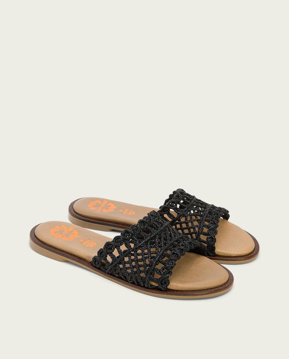 porronet SANDALIA PLANA CON PALA TEXTIL PIEL NEGRA CORA Tienda de fábrica