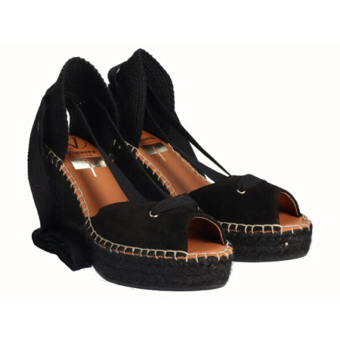 viguera Alpargata Peep Toes Cuña Yute Negro Cintas Descuentos del mes