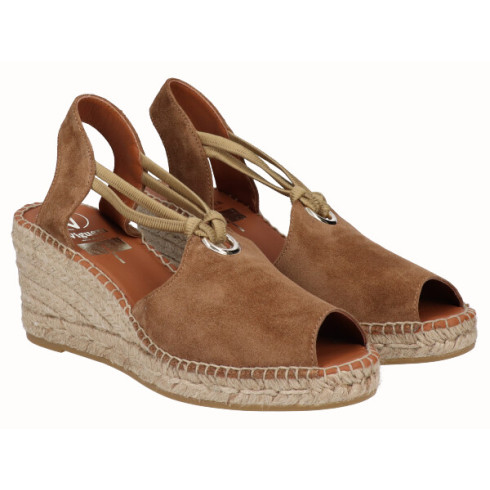 viguera Alpargata Peep Toes Cuña Media Yute Cuero con Elásticos Tienda