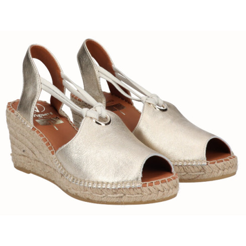 viguera Alpargata Peep Toes Cuña Media Yute Oro con Elásticos Liquidación
