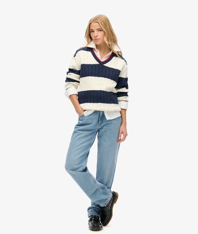 superdry Jersey a rayas extragrande de punto trenzado con cuello de pico Precios de Black Friday